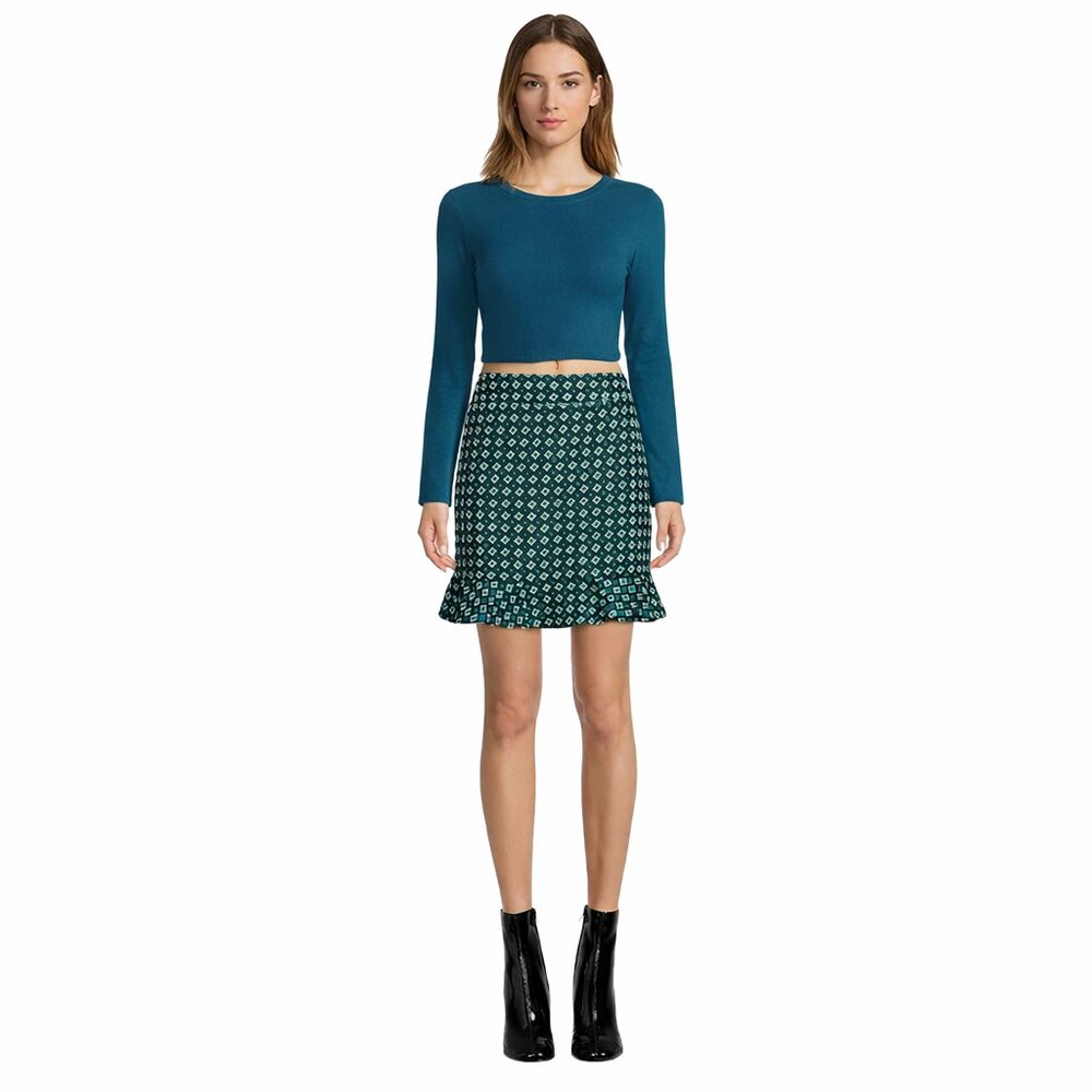 Brand of The Free Collette Retro Print Ruffle Smocked Hem Pencil Skirt